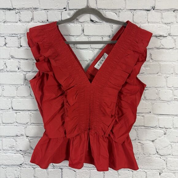 NWT BURU Red Deep V-Neck Peplum Tank Top Blouse Smocked Ruffle - Picture 3 of 10